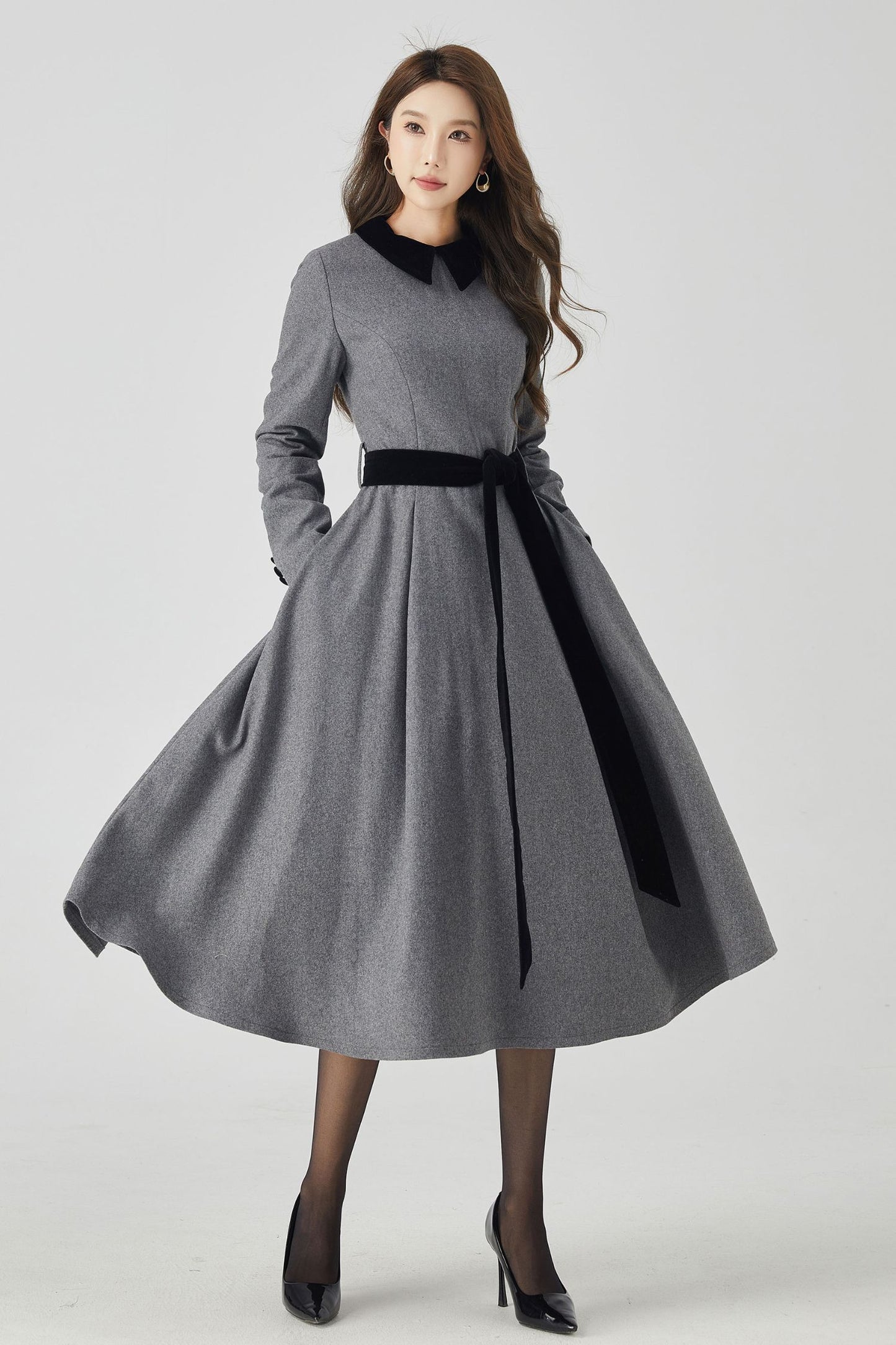 Gray Swing Fit and Flare Wool Dress 4524