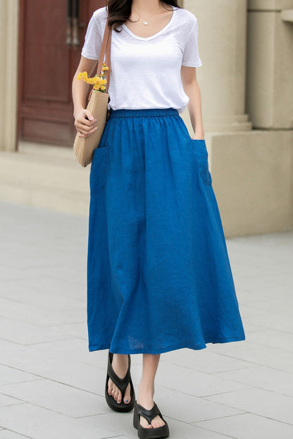 A line blue summer midi skirt with pockets 4956-Size XS #CK2400351
