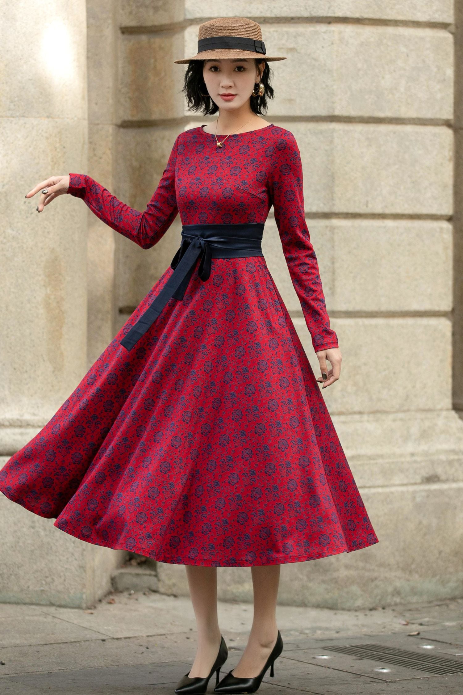 Stretch Floral Belted Midi Dress – Spring/Summer