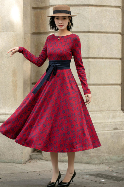 Xiaolizi Stretch Floral Belted Midi Dress – Long Sleeve with Pockets 5687 -XS #CK2500041