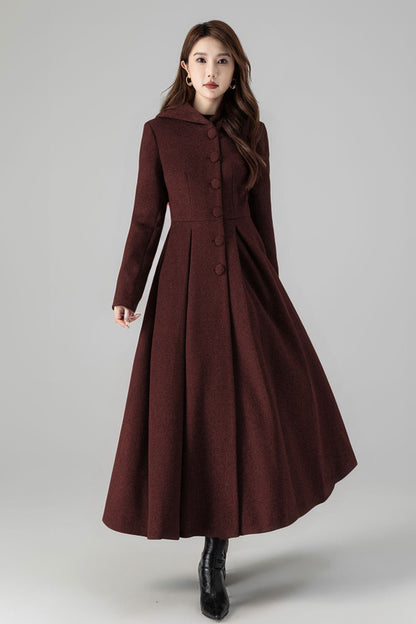 Burgundy Hooded Wool Maxi Coat – Vintage Swing Long Winter Overcoat 5242