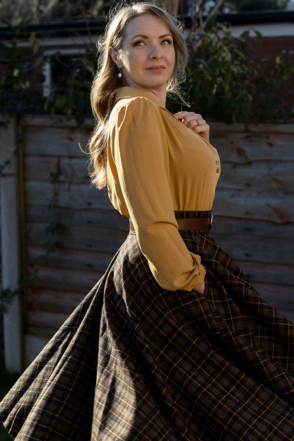 Black and Brown Wool Midi Circle Skirt - Plaid High Waist 4729