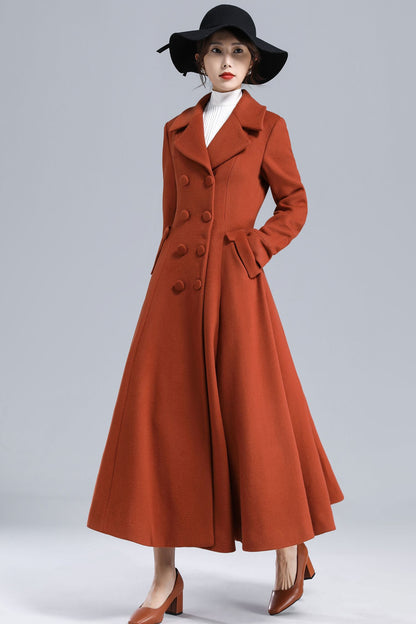 Rust Brown Wool Coat – Vintage Double-Breasted Fit and Flare Overcoat 3233