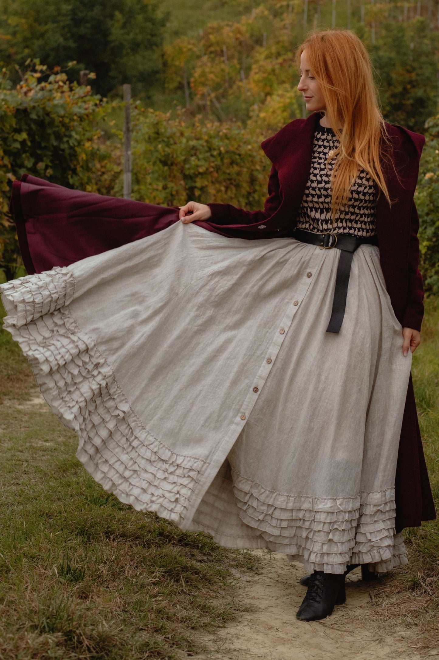 Burgundy Hooded Wool Coat – Handmade Long Belted Wool Winter Overcoat for Women 6546