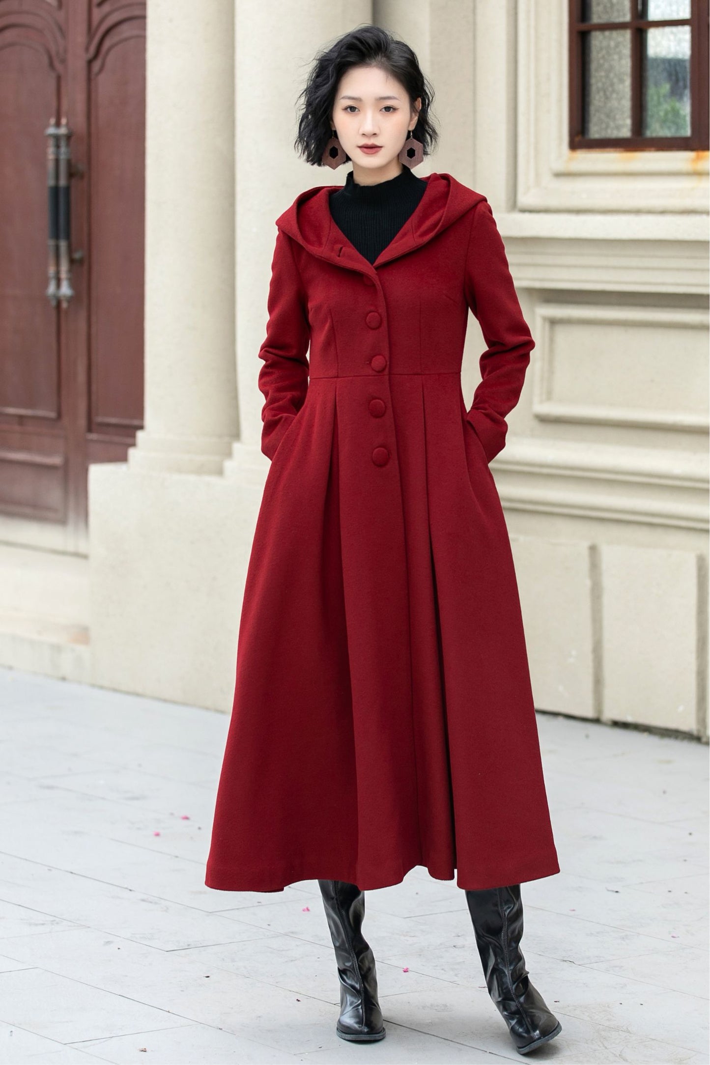 Long swing red winter wool coat women 5346