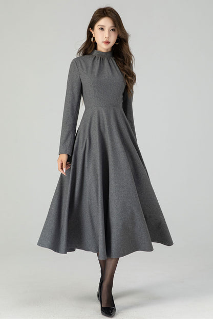 Retro gray swing wool dress 4549
