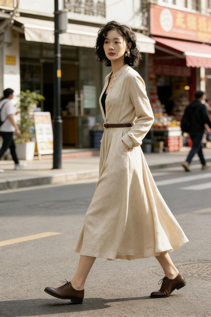 Beige Linen Cotton Midi Dress - Button Front Swing | Xiaolizi 6773