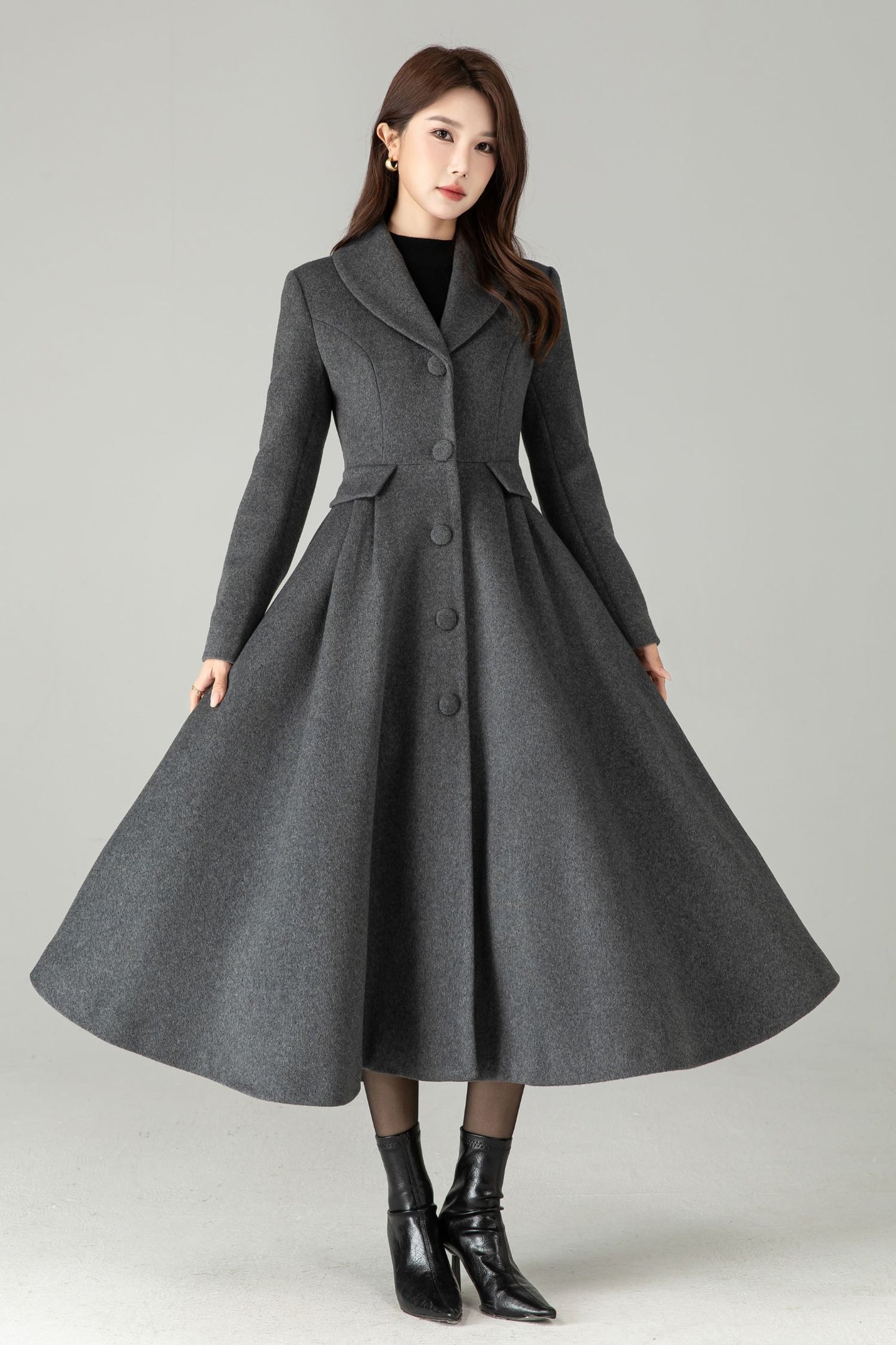 Gray Wool Maxi Coat – Single-Breasted Fit & Flare Long Winter Coat | Xiaolizi 6571