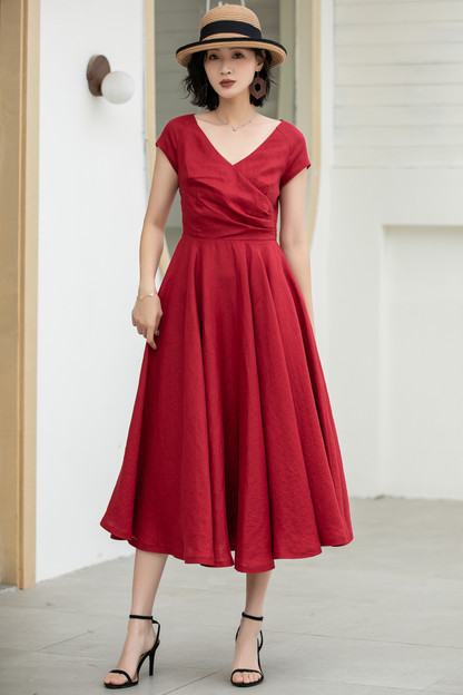 Red Linen Midi Dress - Fit and Flare A-Line with V-Neck 5831
