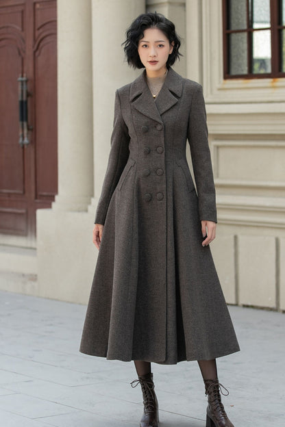 Chocolate Brown Wool Maxi Coat – Vintage Double Breasted Winter Overcoat 5460