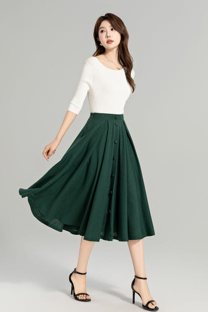 Dark Green Button-Down Linen Midi Skirt – A-Line, Pockets, Elastic Back | Xiaolizi 4963