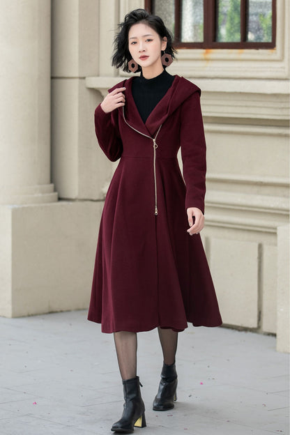 Vintage Hooded Wool Coat – Burgundy Handmade Winter Zip Overcoat 5345