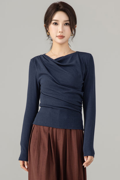 Navy Cotton Knit Long Sleeve Top – Slim Fit Drape Neck Shirt 5699