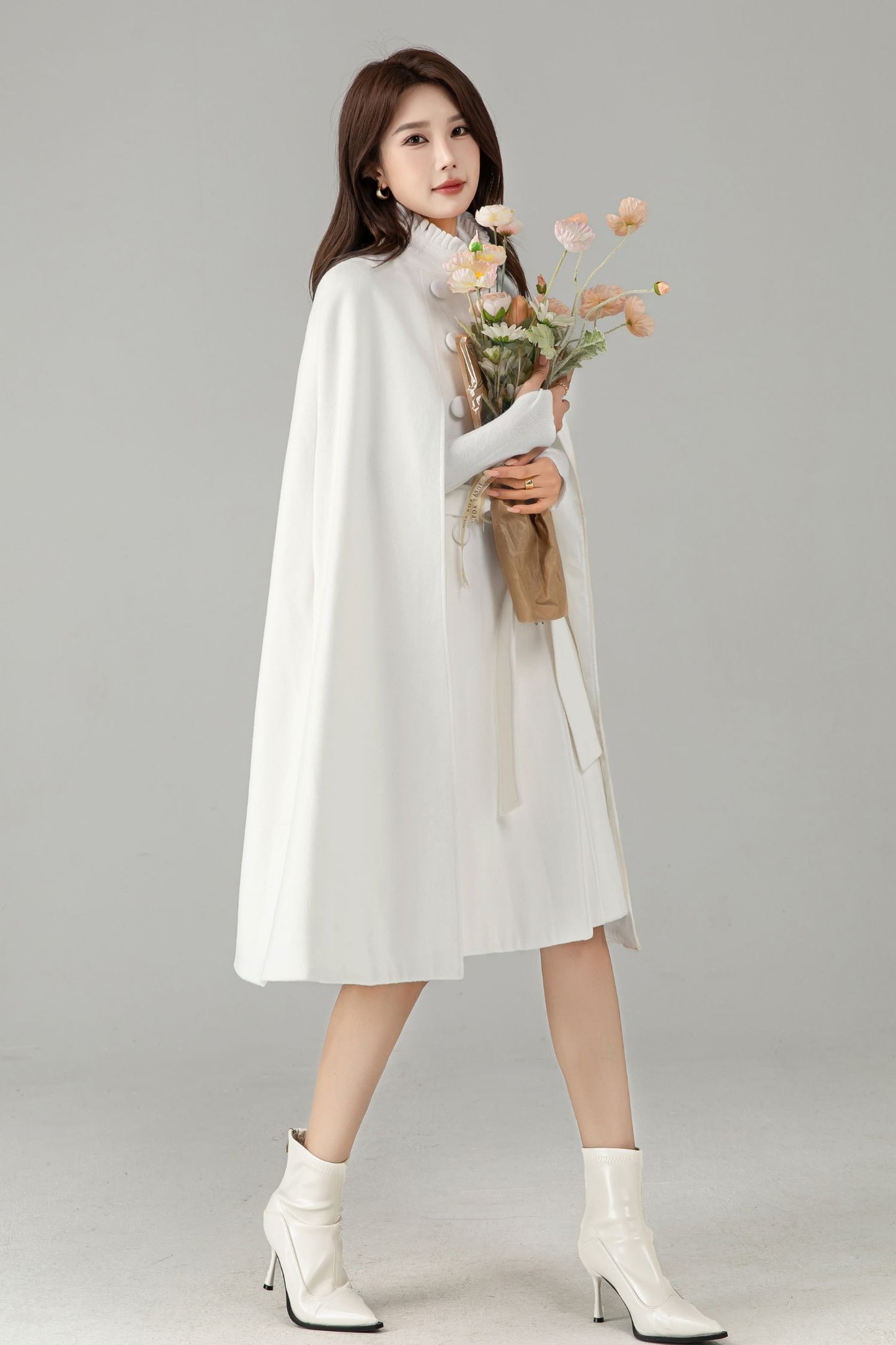 White Wool Cape Coat – Elegant Belted Winter Dress Coat | Xiaolizi 6575