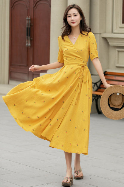 Yellow Cotton Linen Wrap Midi Dress - Floral Embroidery V-Neck | Xiaolizi 4947