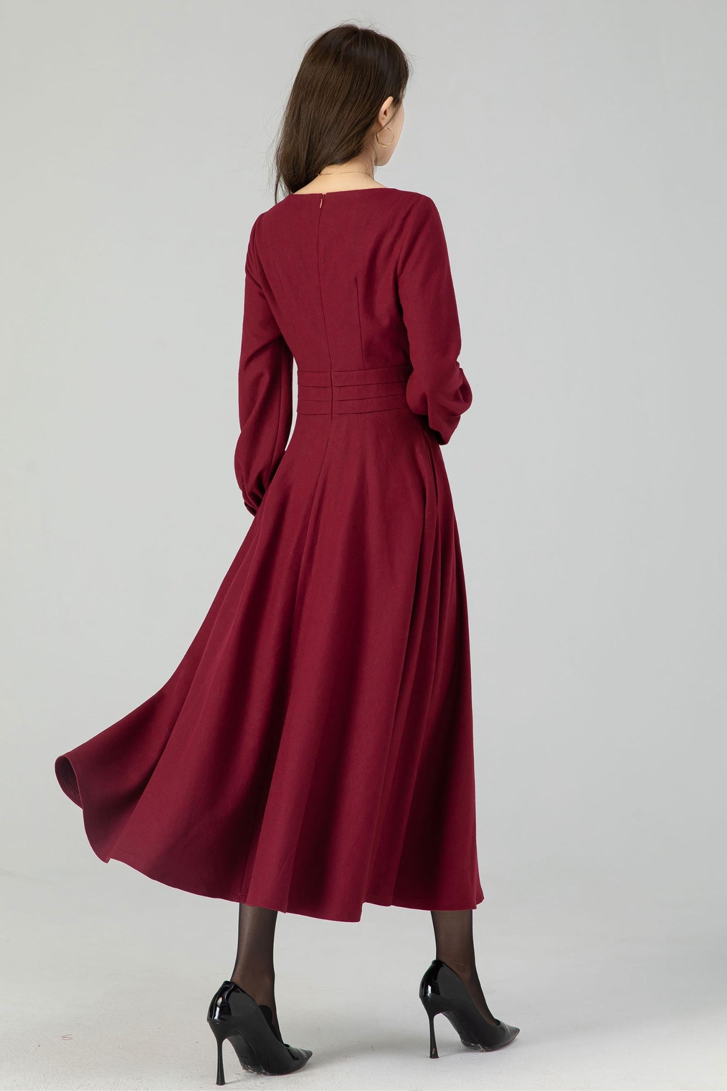 Burgundy swing winter wool dress for women 4550