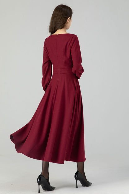 Green Wool Midi Dress - Lantern Sleeve, Swing Silhouette 4550