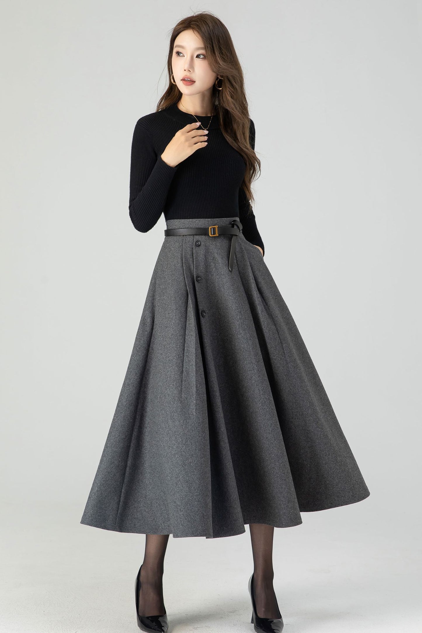 Button down midi winter wool skirt 4557