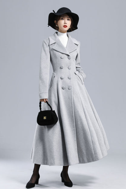 Light Gray Wool Coat – Elegant Double-Breasted Fit and Flare Winter Overcoat 3236