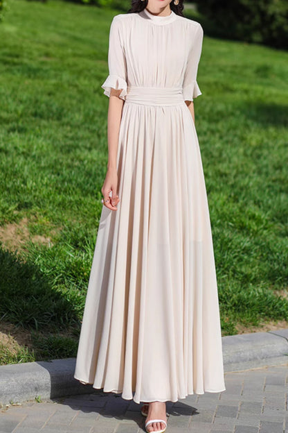 Beige Chiffon Maxi Dress - Fitted Waist Round Neck | Xiaolizi 5152