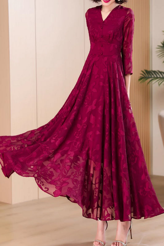 Burgundy maxi fit and flare long chiffon dress 5045