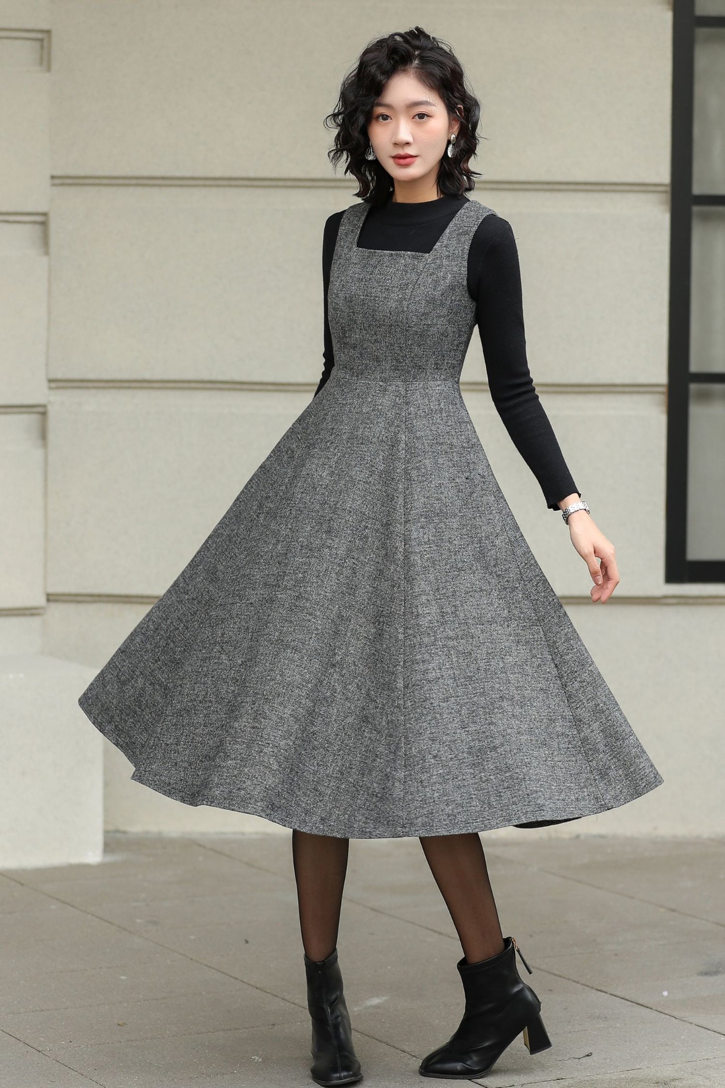 Handmade Wool Pinafore Dress – Gray Sleeveless Midi for Autumn Winter 6418