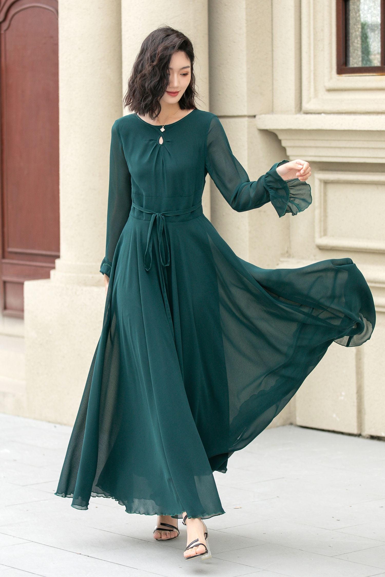 Emerald Green Chiffon Maxi Dress