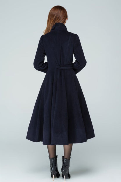 Navy Wool Fit and Flare Long Coat - Double Breasted Elegant Silhouette 1600