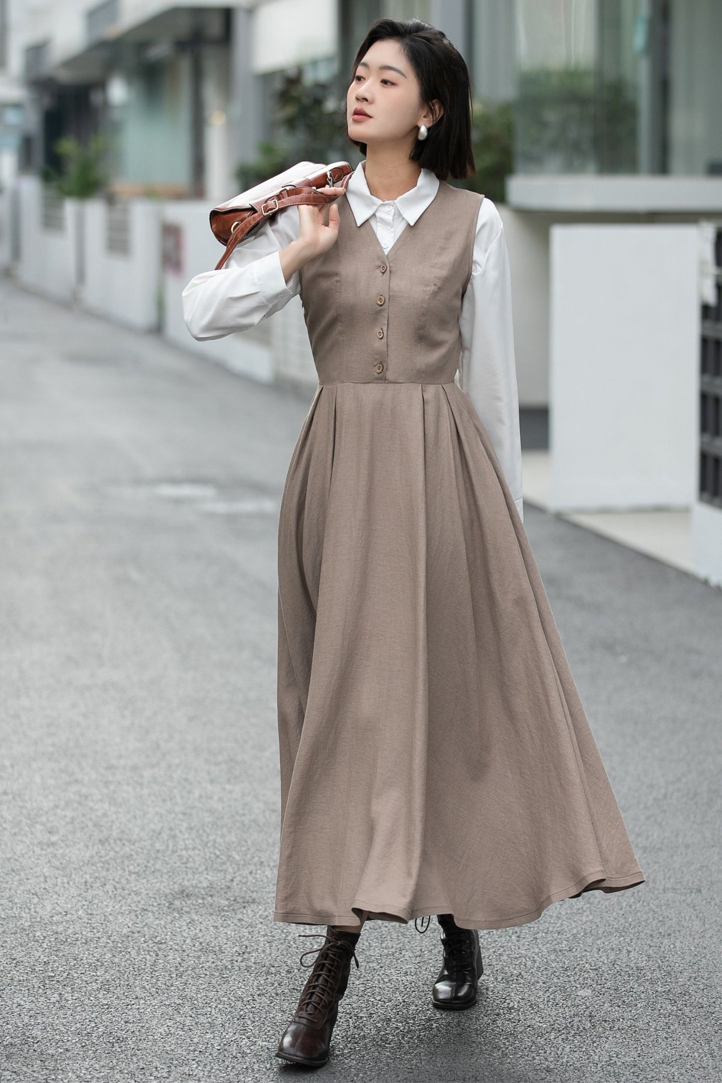 Handmade Linen Cotton Pinafore Midi Dress – Vintage Sleeveless Layering Dress 6657