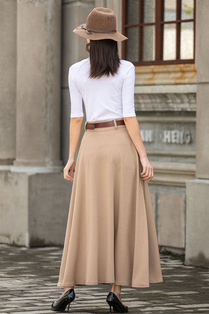 Handmade Women's Beige High-Waisted Linen Maxi Skirt  2780