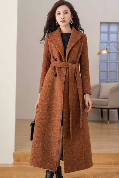 Tie belt winter long wool coat with lapel collar 4698