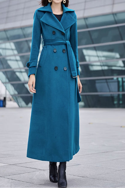 Double breasted wool coat with tie belt waist 4596