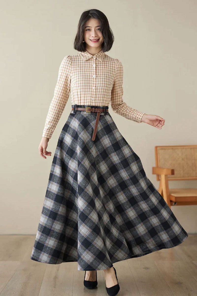 Maxi wool plaid skirt, Long wool skirt 4626