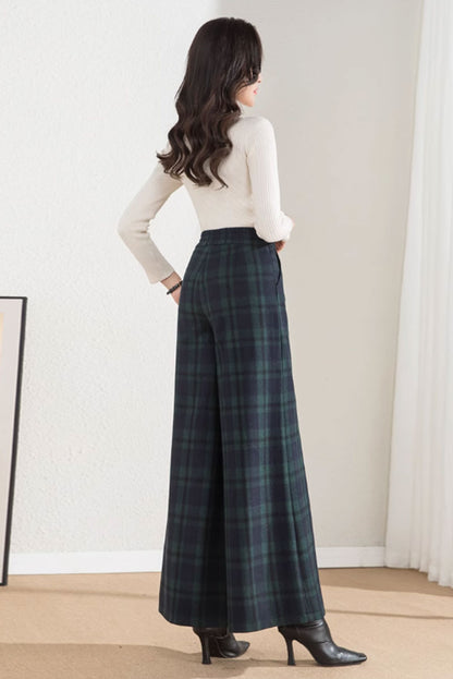 Black and Green Wool Wide Leg Pants - Plaid, Loose Fit 4658-1