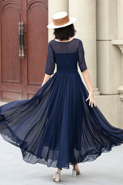 Fit and Flare Dark Blue Chiffon dress 5143