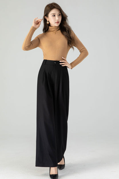 Black wide leg long wool pants women 4555