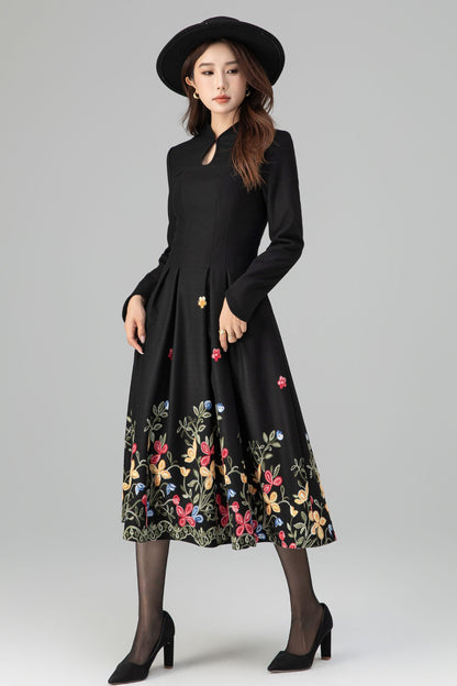 Black Wool Midi Dress - Floral Embroidery, Pleated A-Line Skirt 6397
