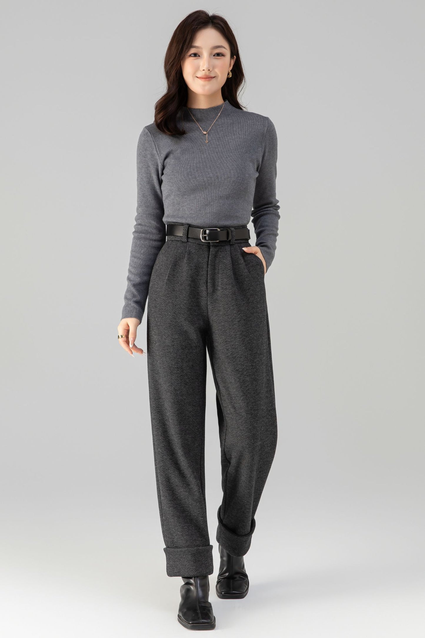 Charcoal Wool Long Pants - Warm Full-Length Tailored Fit 6461