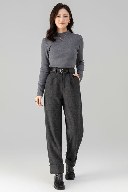 Charcoal Wool Long Pants - Warm Full-Length Tailored Fit 6461