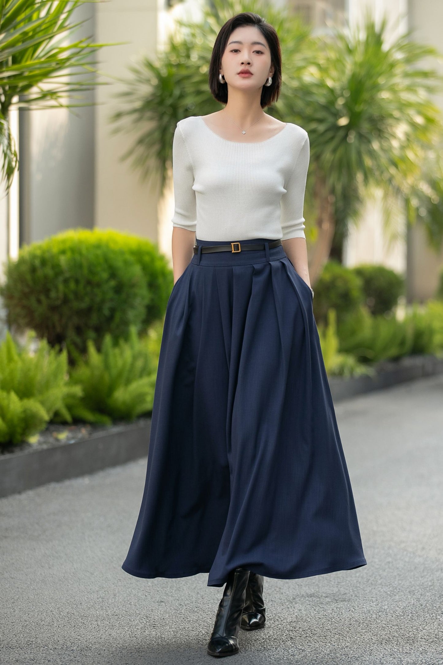 Navy Pleated Maxi Skirt – High Waist A-Line Work Skirt with Pockets 6663 -Size xs #CK2600017