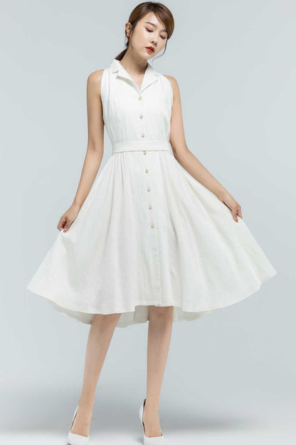 White Linen Shirt Dress - Sleeveless Fit and Flare Knee-Length 2378