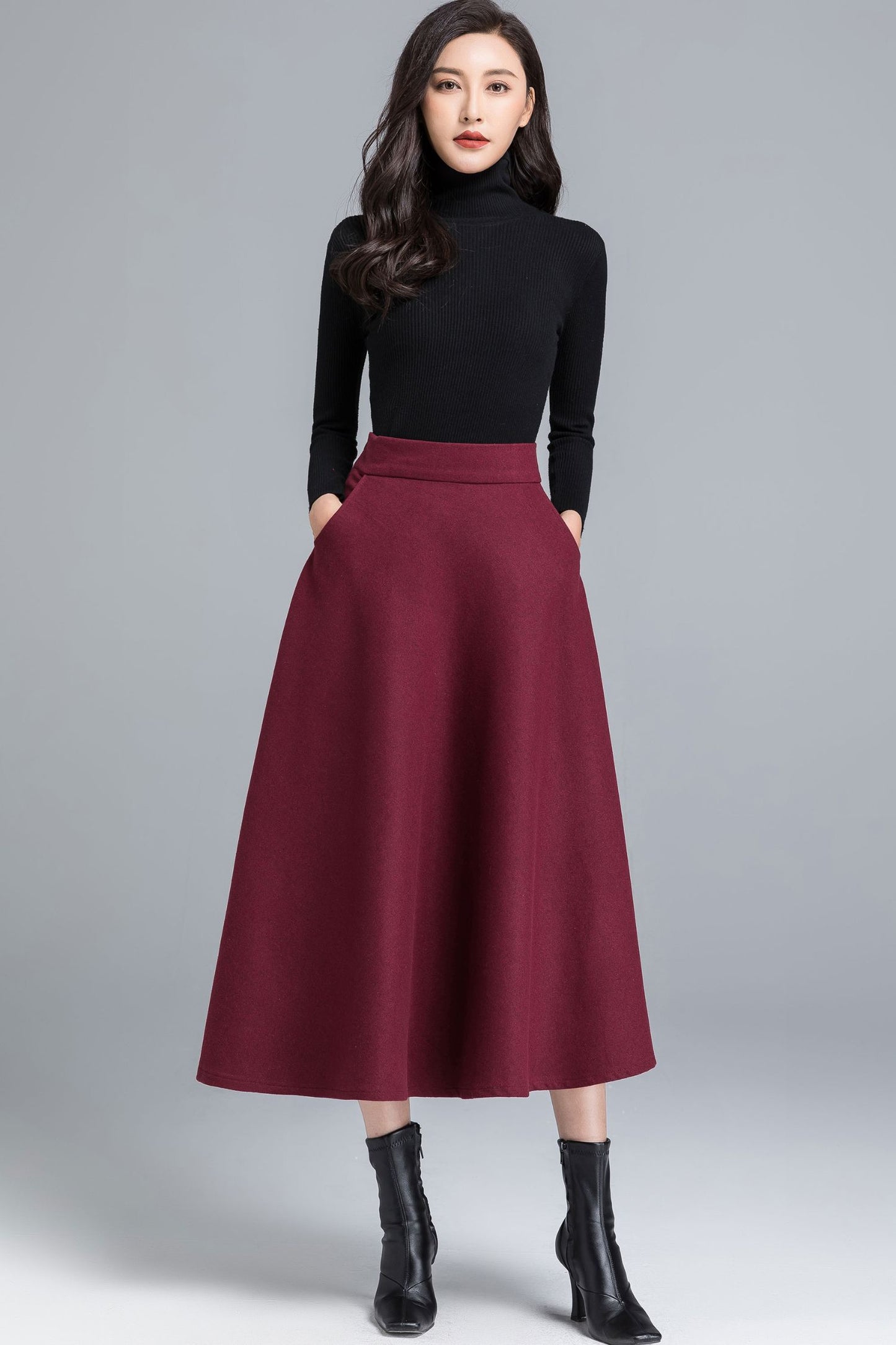 Burgundy Midi Winter Wool Skirt 2490