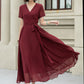 Burgundy midi fit and flare prom chiffon dress 5222