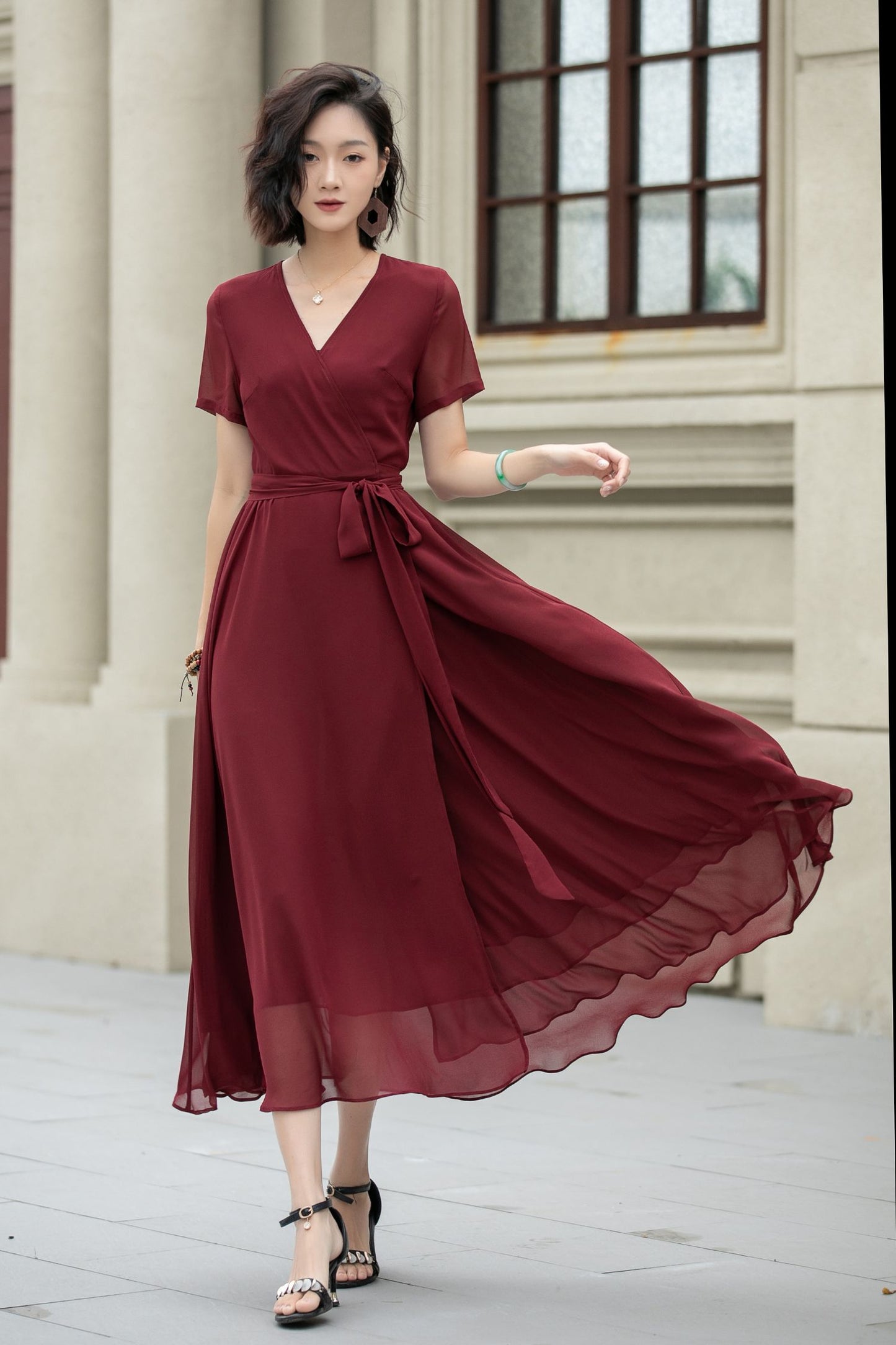 Burgundy midi fit and flare prom chiffon dress 5222