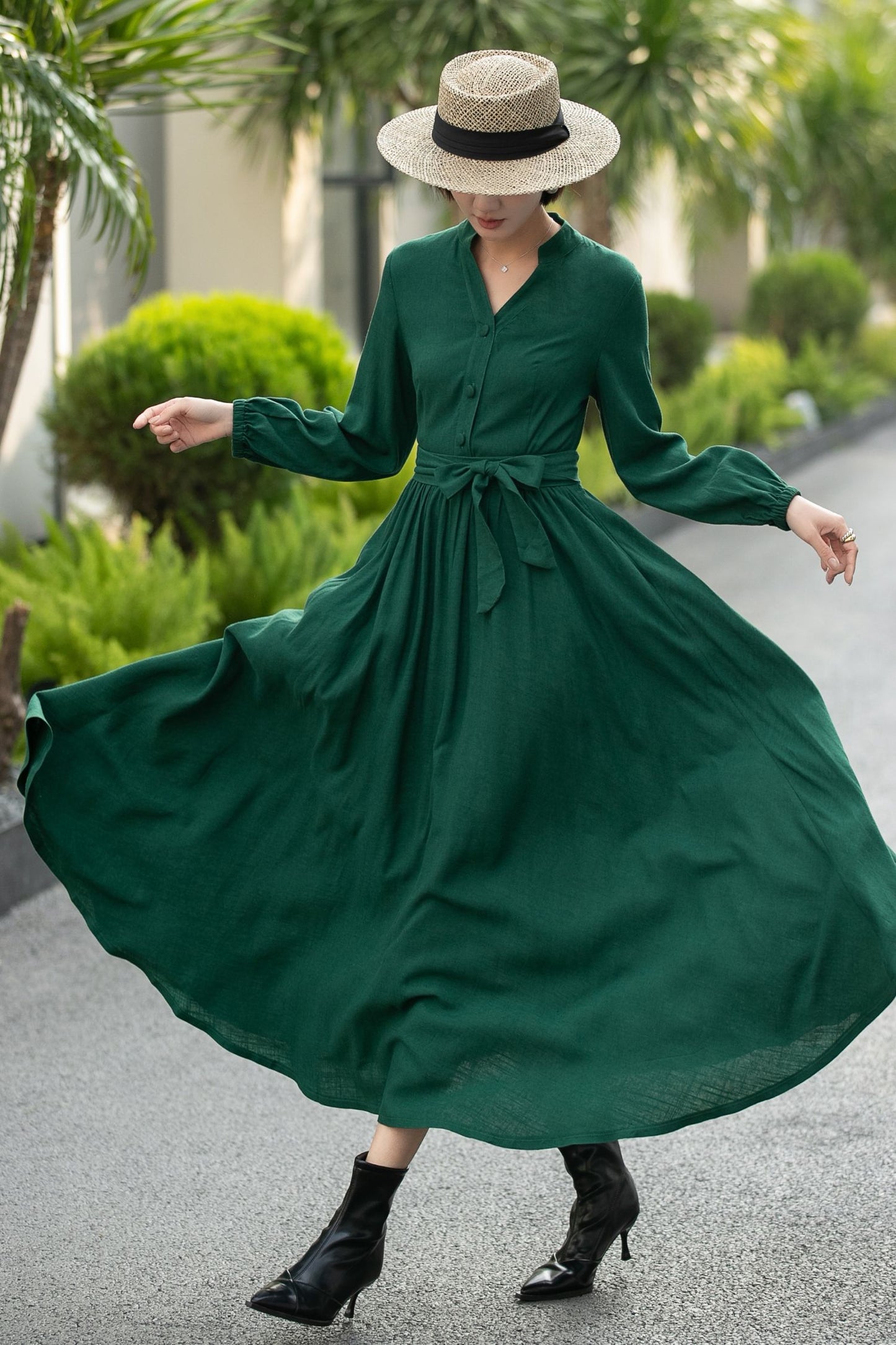Green Linen Cotton Shirt Dress – Vintage Button-Up Midi Dress 6658