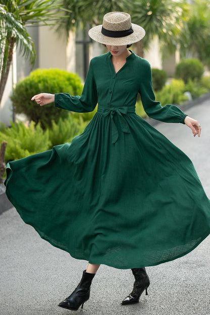 Green Linen Cotton Shirt Dress – Vintage Button-Up Midi Dress 6658