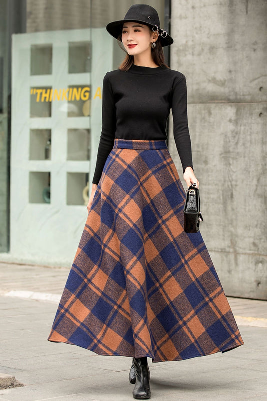 Women Winter long Plaid Wool skirt 2835