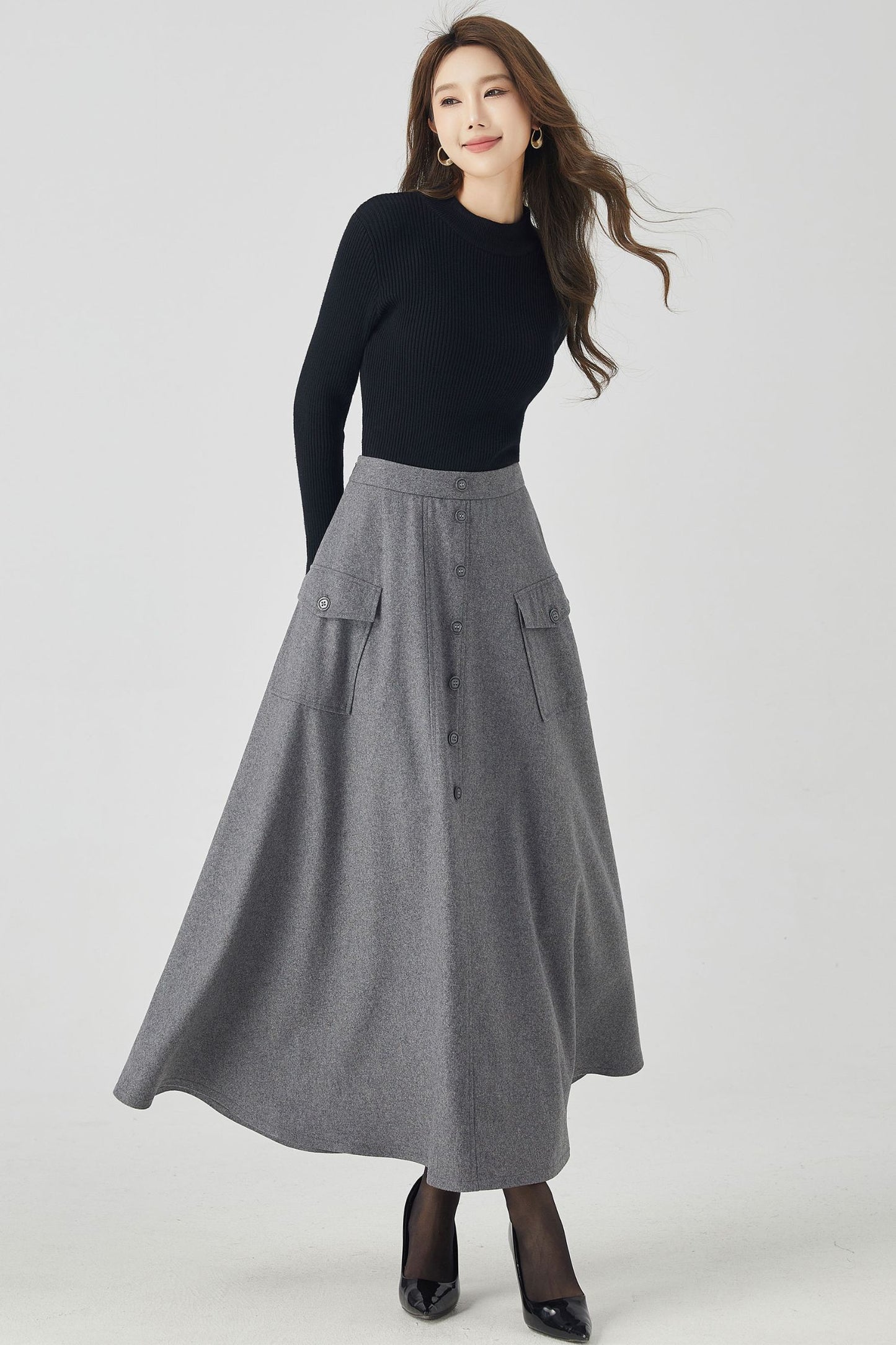 Gray a line long wool winter skirt 4529