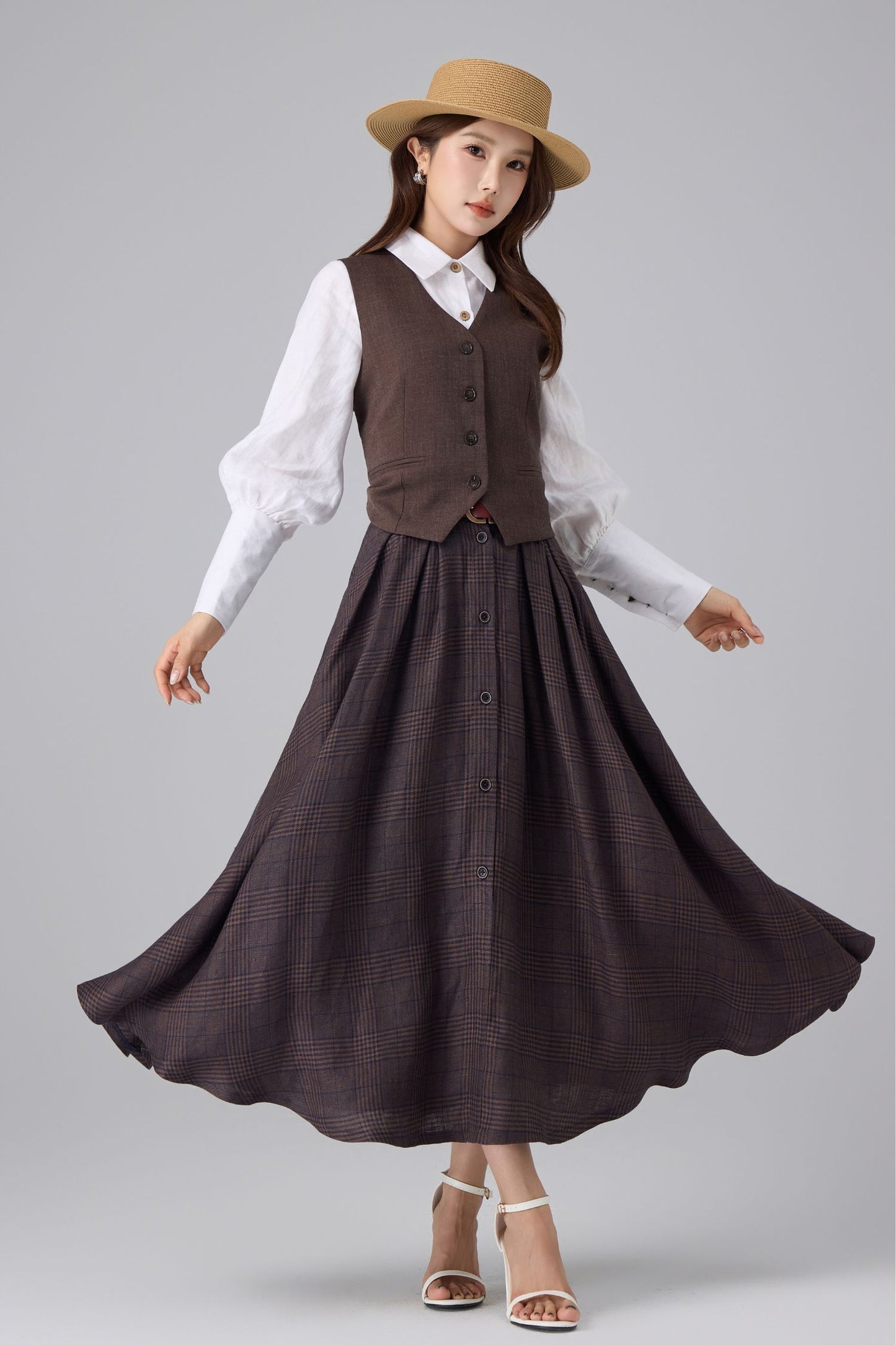 Brown Linen Cotton Skirt - Plaid High Waist | Xiaolizi 6756