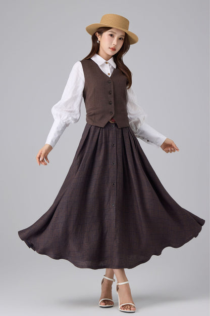 Brown Linen Cotton Skirt - Plaid High Waist | Xiaolizi 6756